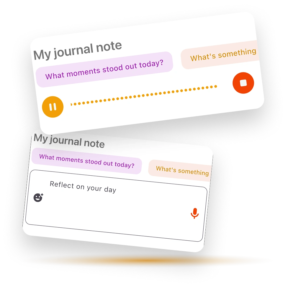 Journaling made gentle, reflective and supportive Heylixir app screenshot showing journaling with text or audio, guided prompts, and reflective tools to support emotional processing