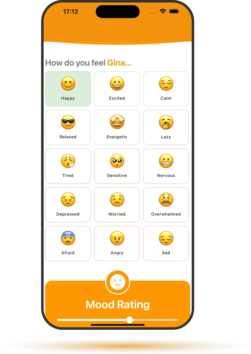 Track your mood in seconds even on low-energy days Heylixir app screenshot showing emoji-based mood tracking for quick, low-effort logging on low-energy days