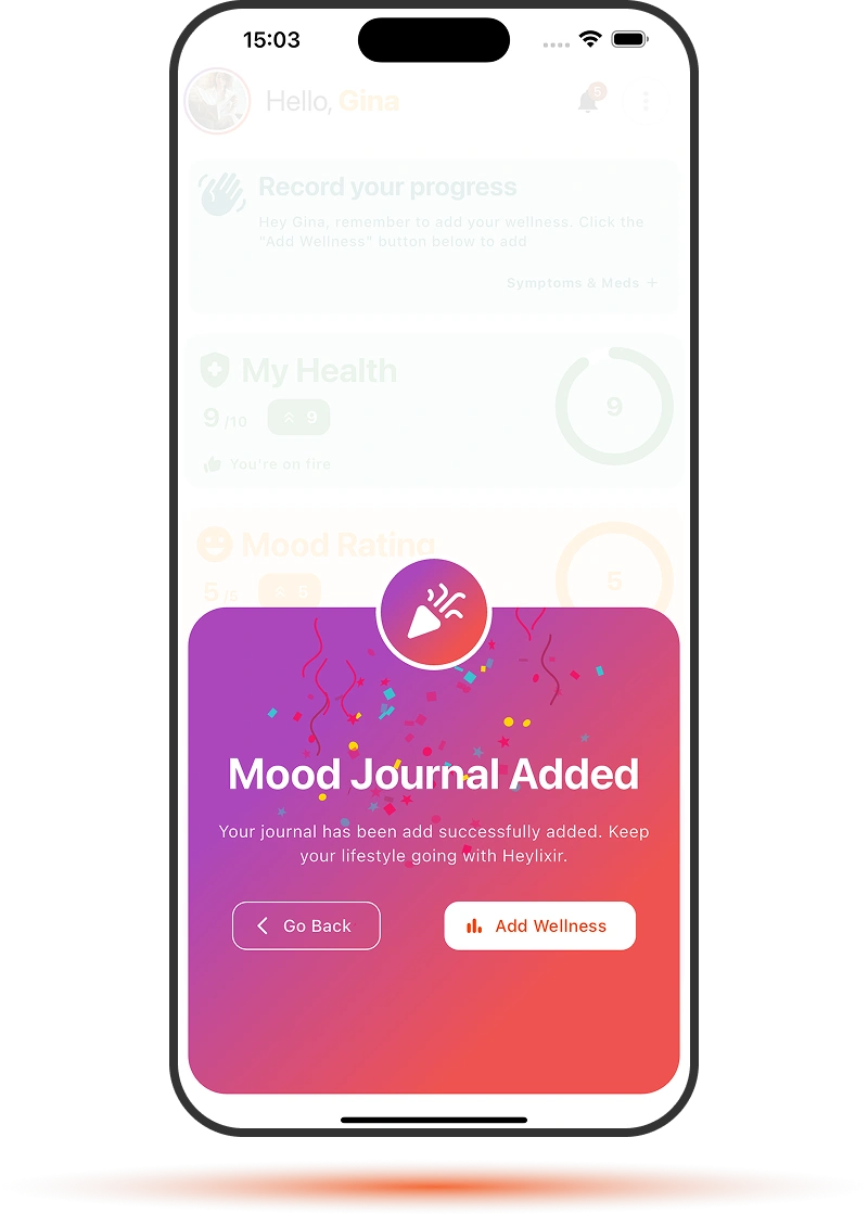 Every entry matters because progress comes in many forms Heylixir app screenshot showing a journal or mood entry success, celebrating small check-ins and progress in chronic illness