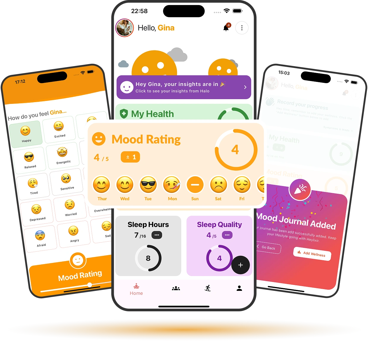 Mood tracking that works even on your low energy days Heylixir app screenshot showing emoji-based mood tracking, quick ratings, and optional audio journaling for low-energy days