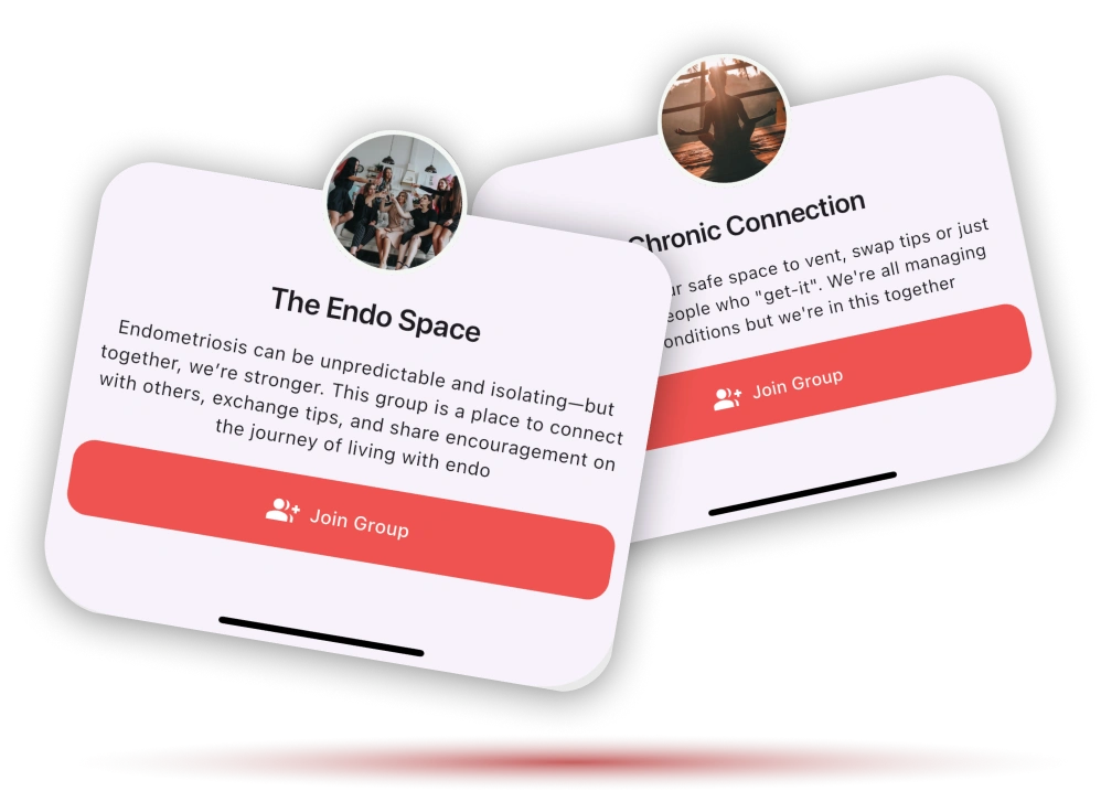 Why support communities matter for chronic illness Heylixir app screen showing community features, highlighting the importance of support networks for chronic illness
